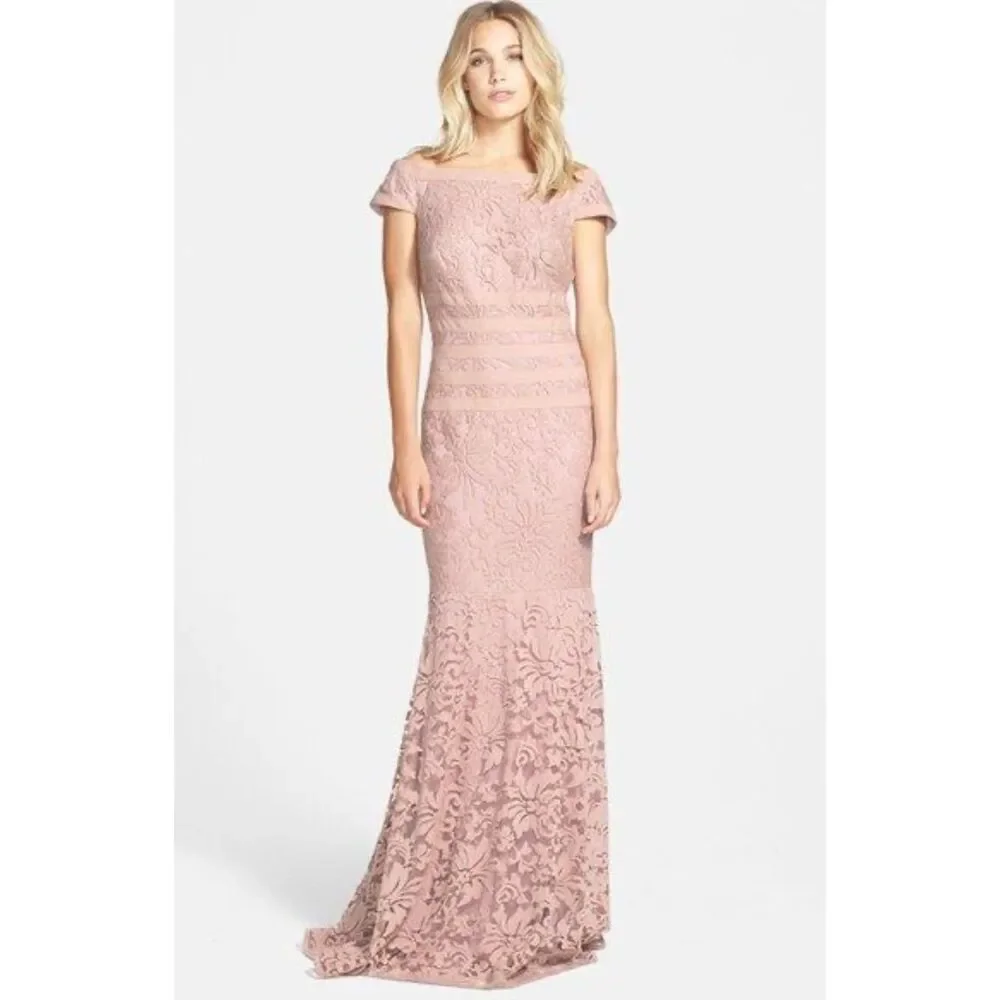 NWT Tadashi Shoji Textured Lace Mermaid Gown w Cap Sleeves in Mauve Blush Pink 8 - Picture 2 of 9